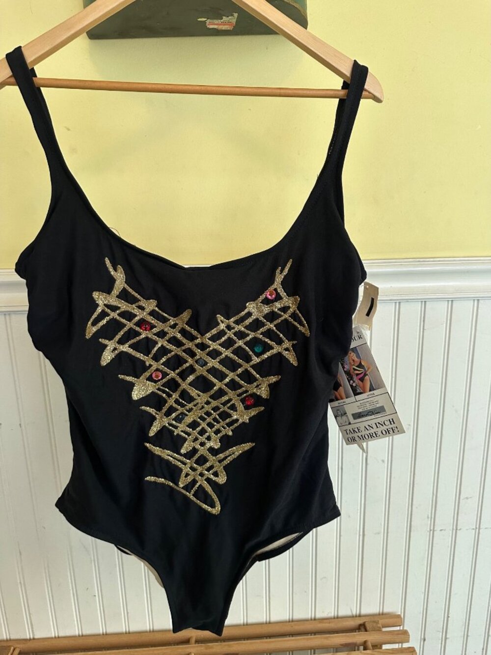 Vintage NWT Slimsuit Black One-Piece Bodysuit With Gold Glitter Design